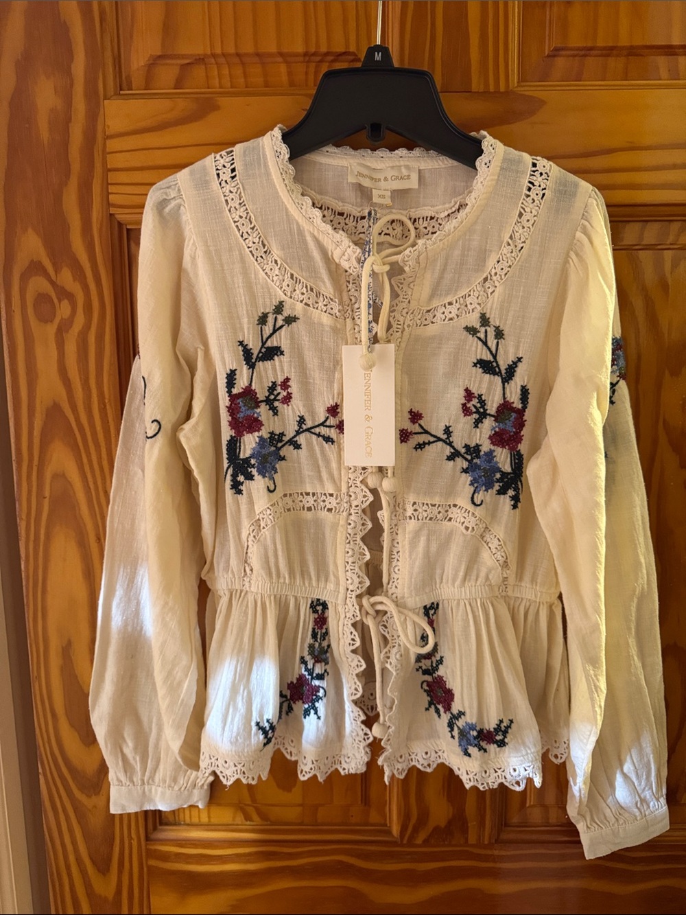 Jennifer Behr Cream Embroidered Peasant Blouse with Blue & Burgundy Flowers